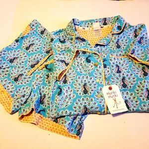 NWT Munki Munki Womens Turquoise & Yellow Peacock Print Jersey Short Pajamas L